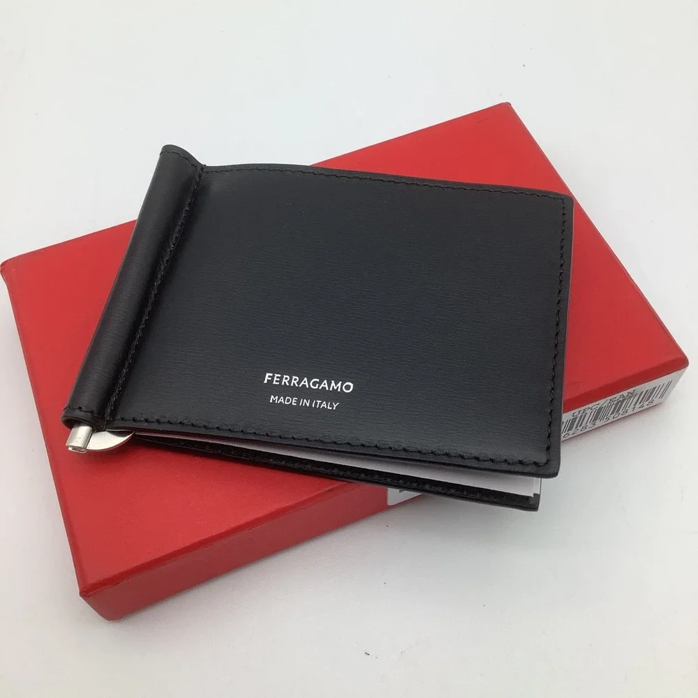 Salvatore Ferragamo Mens Nero Calf Leather Bifold Money Clip Wallet New